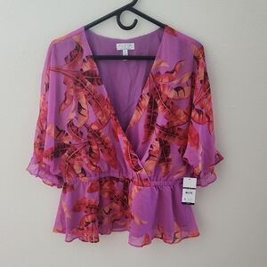 Sofia by Sofia Vergara Purple and Red Leaf Print Peplum Blouse